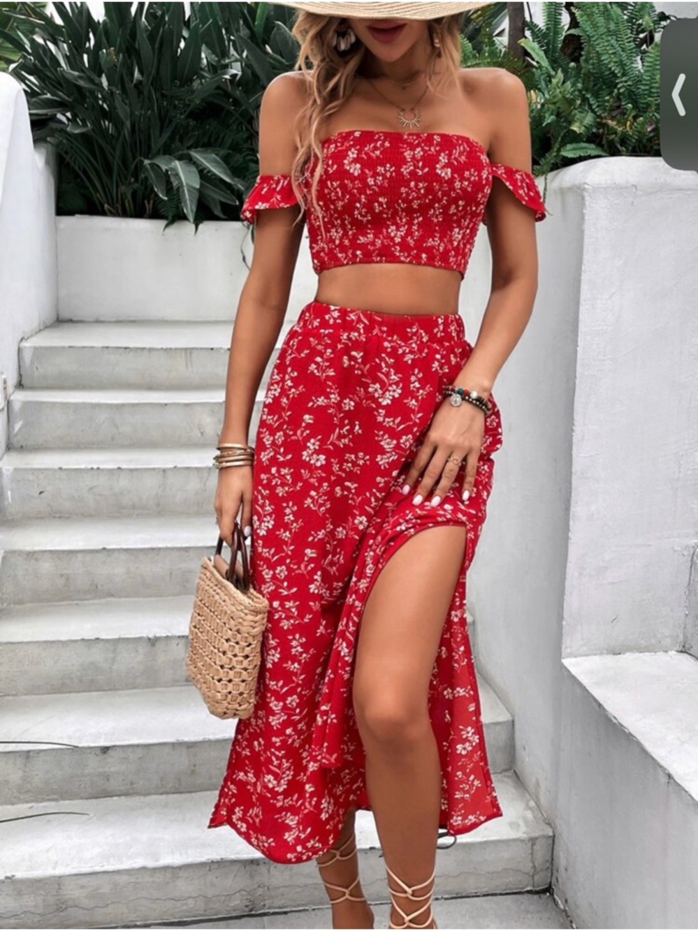 SHEIN Red Floral Midi Skirt with High Slit
